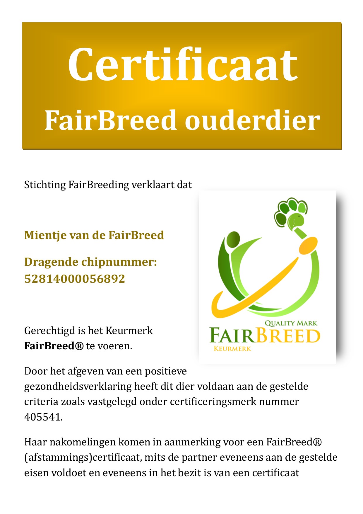 Certificaat FairBreed® ouderdier